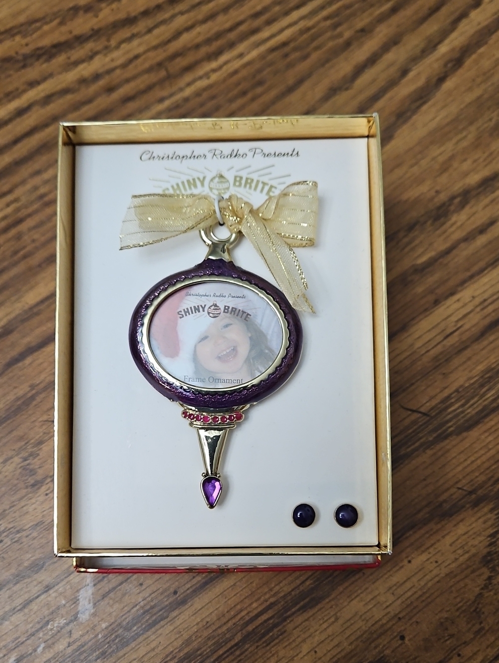 Christopher Radko Purple Enamel Frame Ornament with Matching Purple Earrings